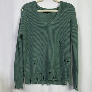 Sweet & Sinful Distressed V Neck Cozy Knit Relaxed Fit Sweater